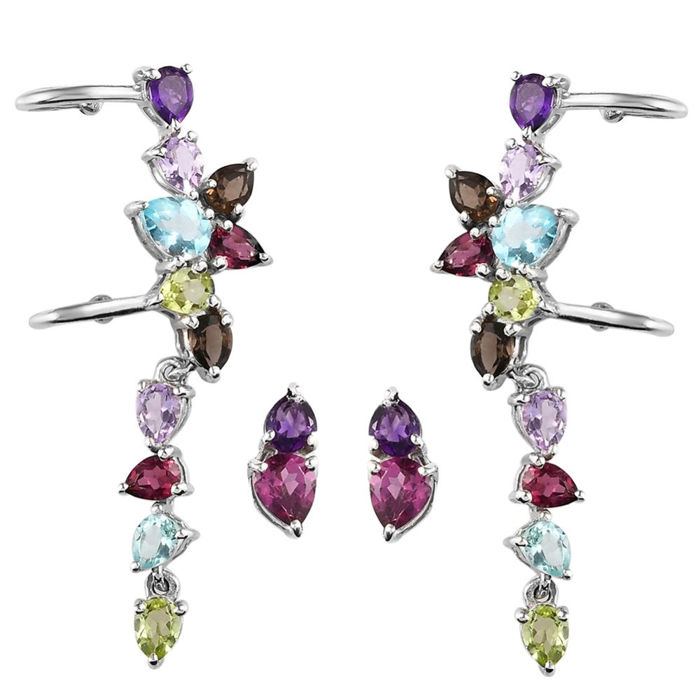 🔥PRICE DROP🔥NWT MULTI GEMSTONE PLATINUM OVER STERLING SILVER EARCUFFS EARRINGS